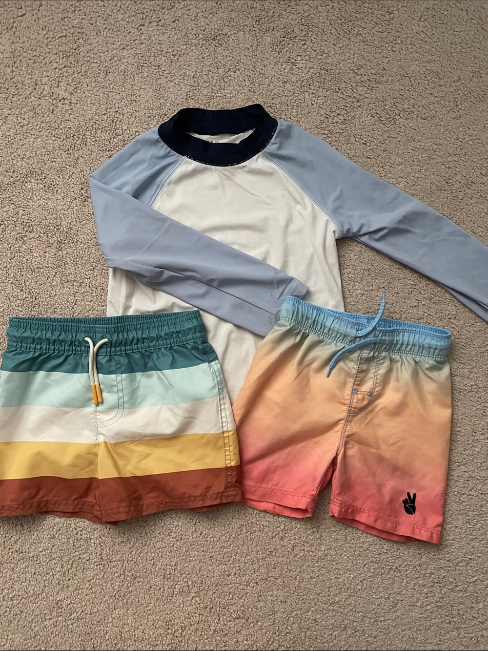 Boys Swim Set - Light Blue Rash Guard with Striped & Ombre Swim Shorts